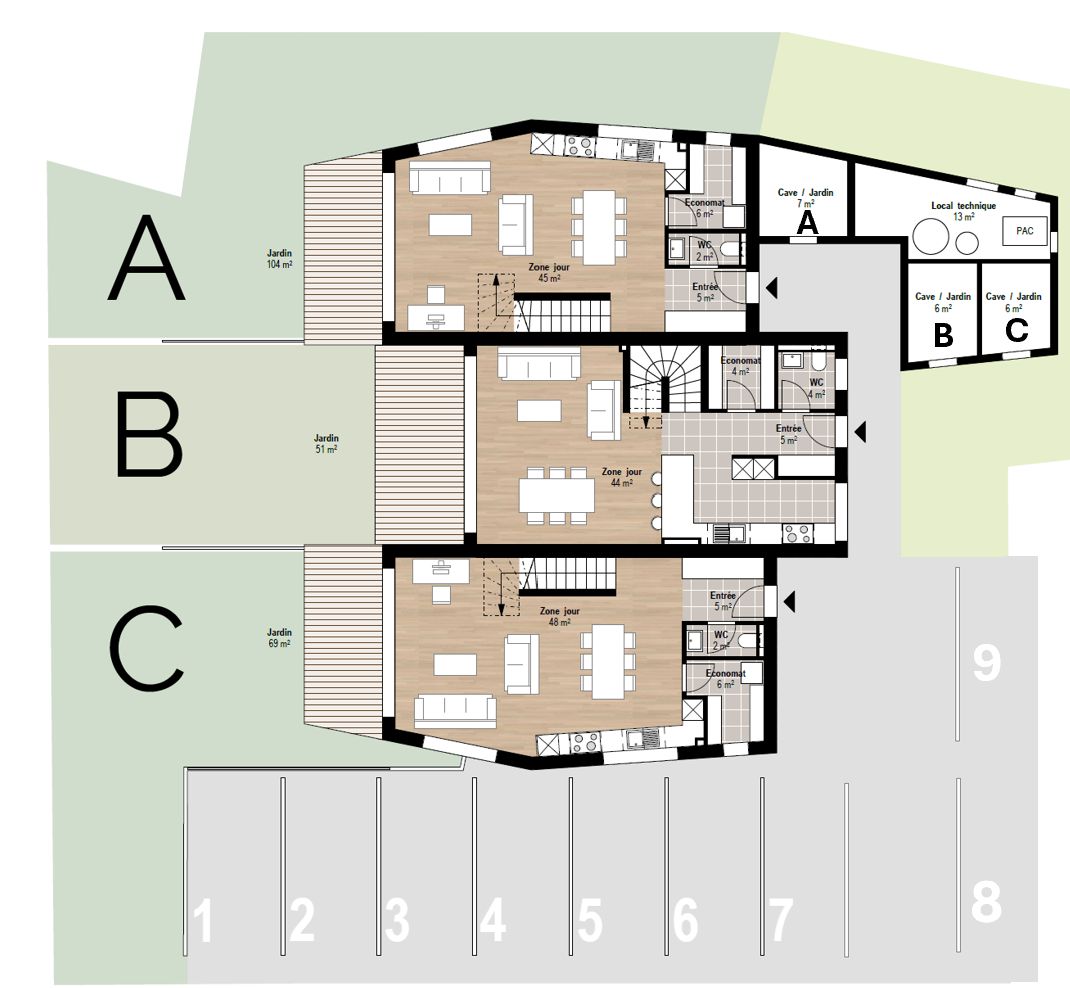 Plan d’aménagement du rez-de-chaussée et des espaces extérieurs des villas A, B et C
